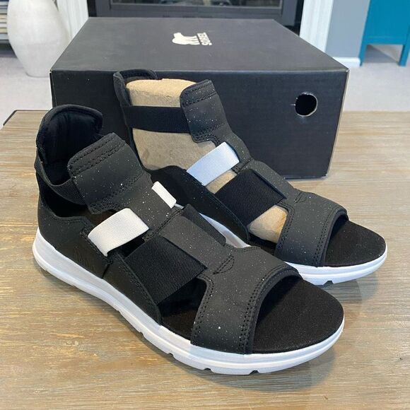 SOREL Womens Explorer Gladiator Sandals Size 9 Black White Splatter Ankle Strap - Picture 1 of 6